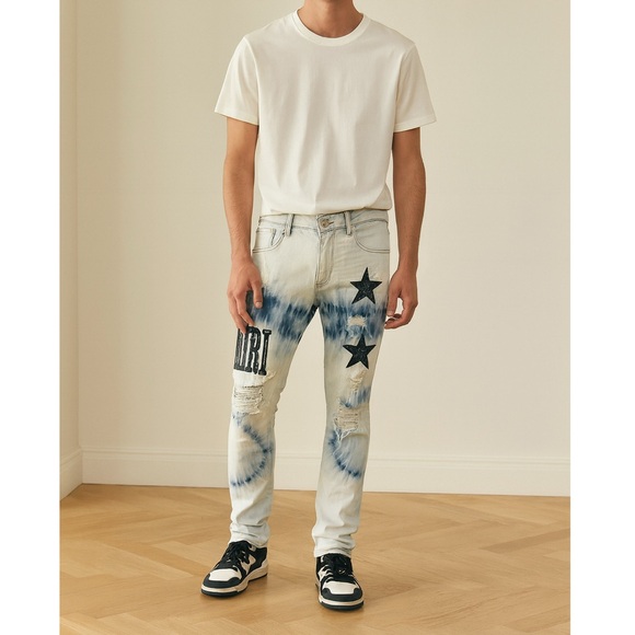 AMIRI Distressed Bandana Tie-Dye Denim Jeans Men’s Size 32 Black Star Patch - Picture 14 of 14